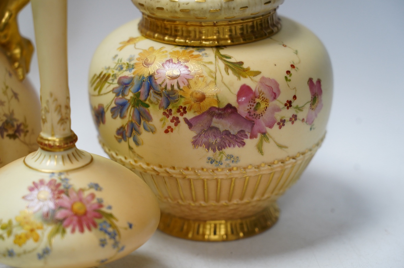 Four Worcester blush ivory floral vases and ewers, 1748, 1132, 1507 & 1286, largest 22cm high. Condition - good
